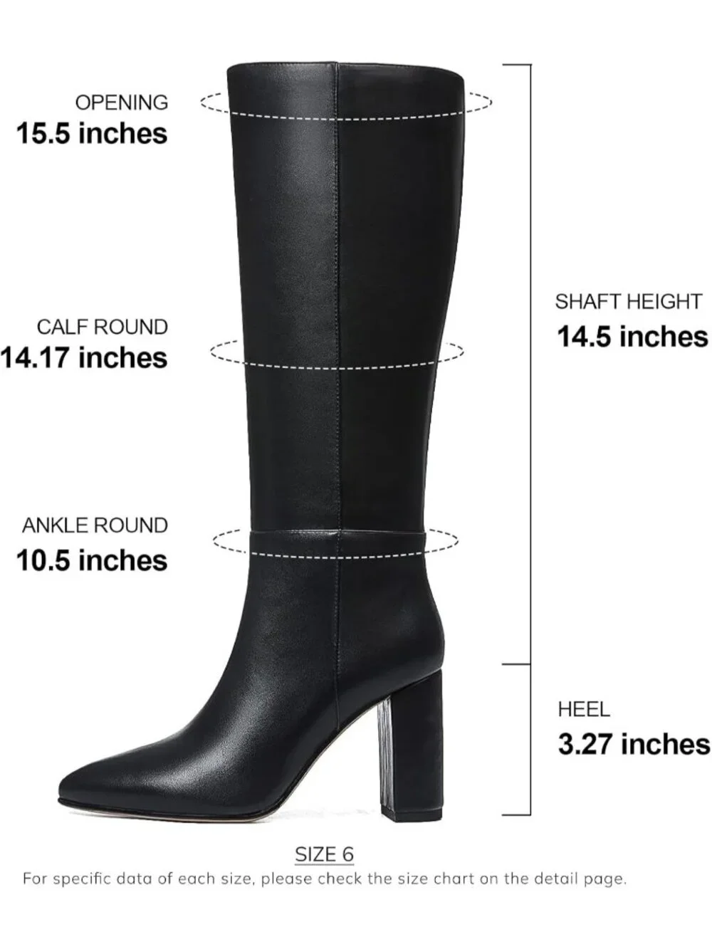 Women's Black Matte Chunky Heel Pointed Toe Non Slip Side Zipper Knee High Boots